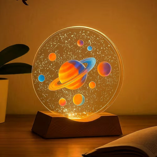 3D Acrylic Planets Night Lamp | Solar System LED Table Light with Wooden Base