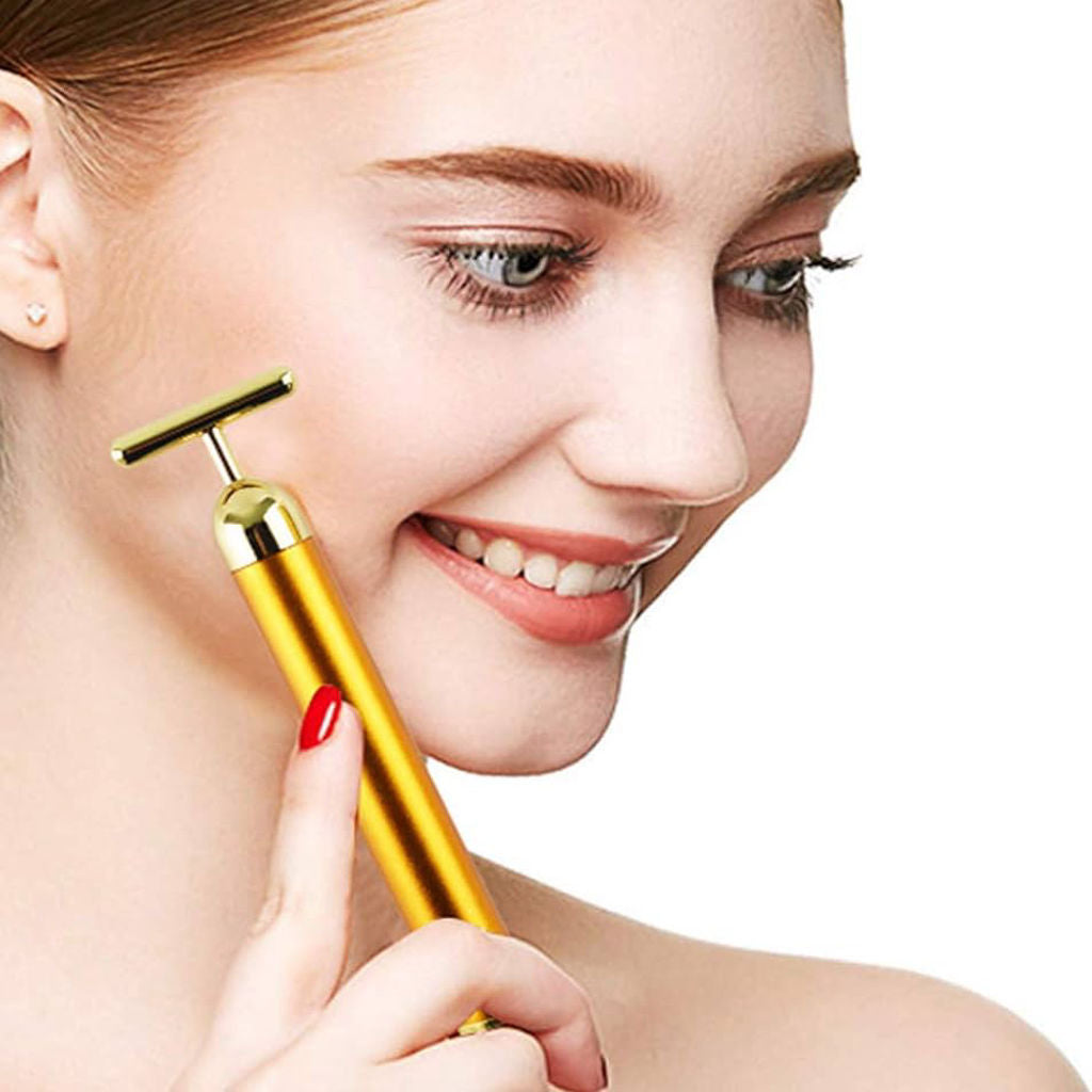 Golden Face Roller | T-Shape Facial Massager | Skin Lifting & Glow Massage Tool