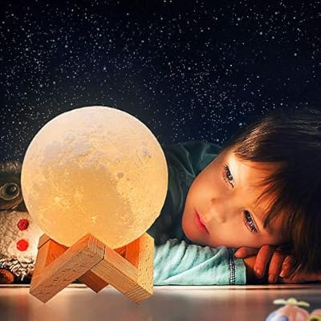 Chargeable 3D Moon Lamp | Warm LED Night Light with Wooden Stand for Home & Bedroom Decor
