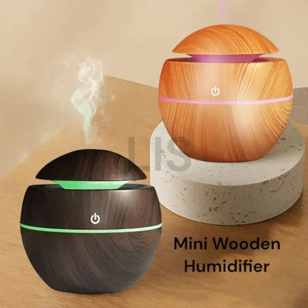 Mini Round Humidifier | USB Ultrasonic Aroma Diffuser with Wood Finish