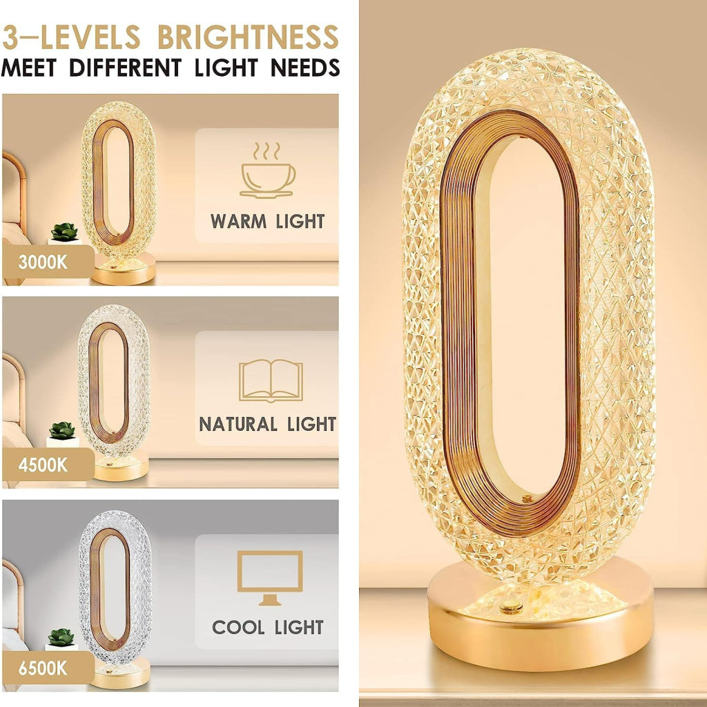 Oval Crystal Touch Table Lamp | Rechargeable LED Night Light with 3-Level Brightness